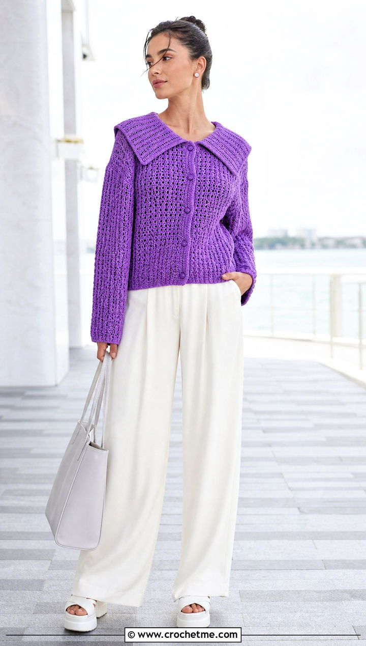 Sailor Collar Crochet Cardigan With Wide Leg Pants - 15 Crochet Cardigan With Collar outfit ideas