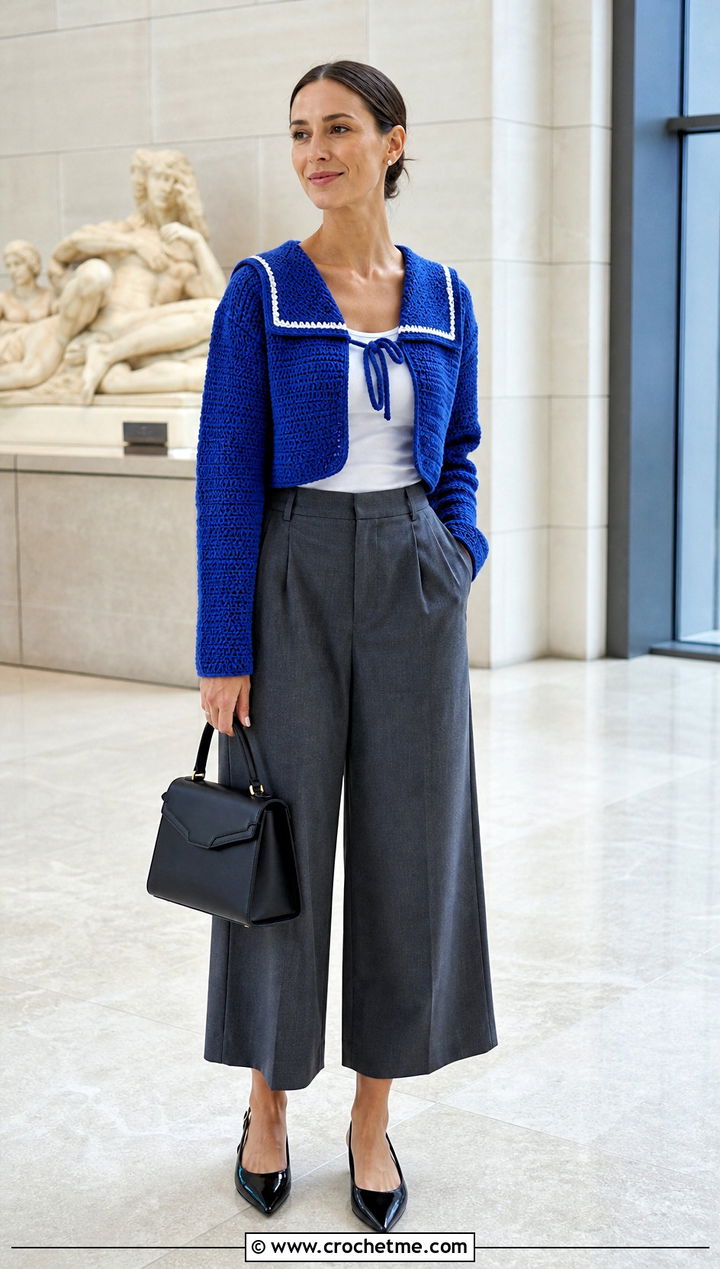 Sailor Collar Crochet Cropped Jumper With Culottes - 30 crochet cropped jumper outfit ideas