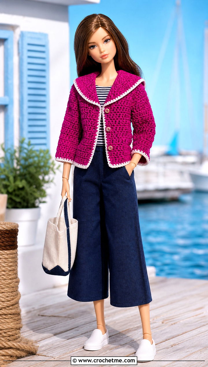 Sailor Collar Crochet Doll Jacket With Culottes - 30 crochet doll jacket outfit ideas