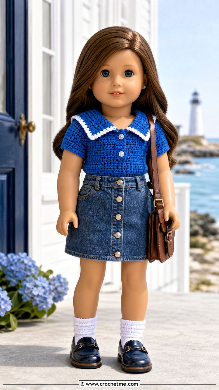 Sailor Collar Crochet Doll Shirt With Denim Skirt - 35 crochet doll shirt outfit ideas