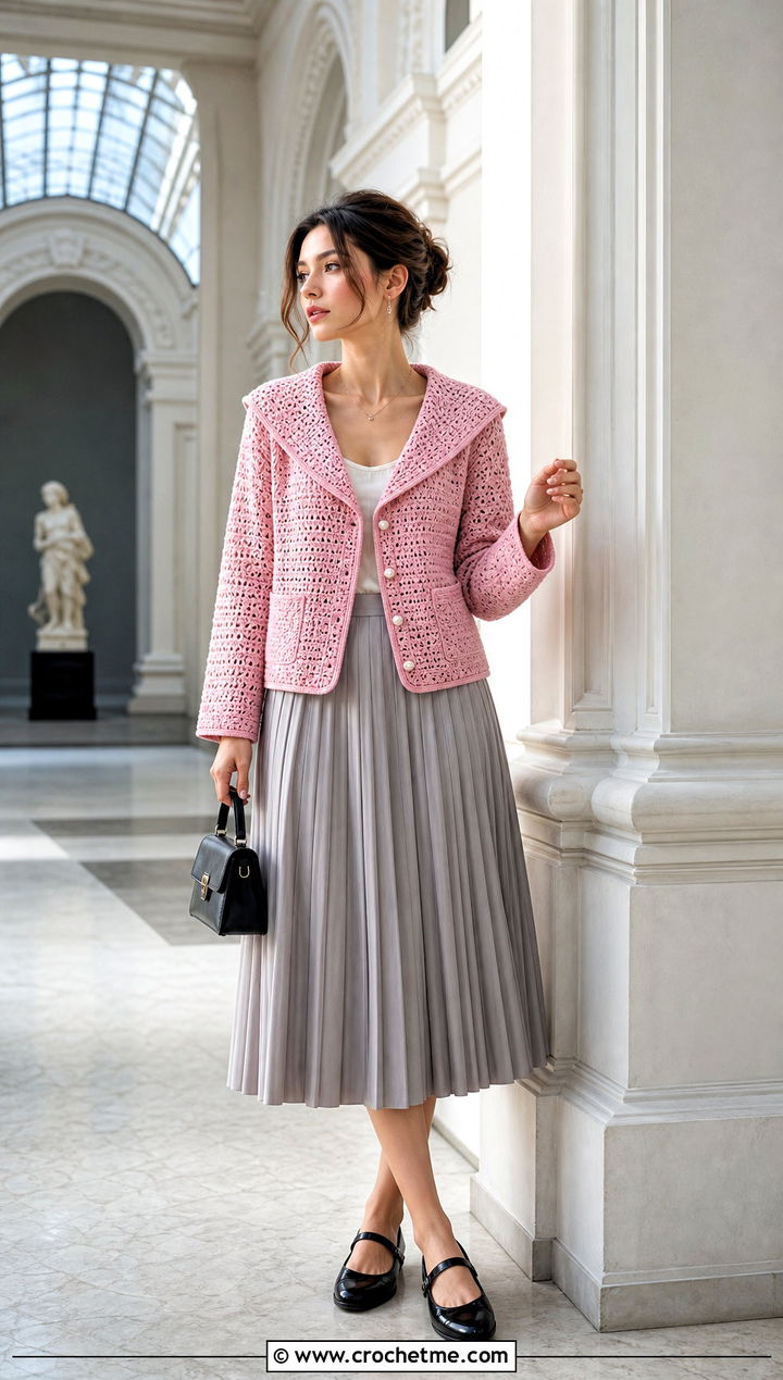 Sailor Collar Crochet Jacket With Pleated Midi Skirt - 25 Crochet Jacket With Collar outfit ideas