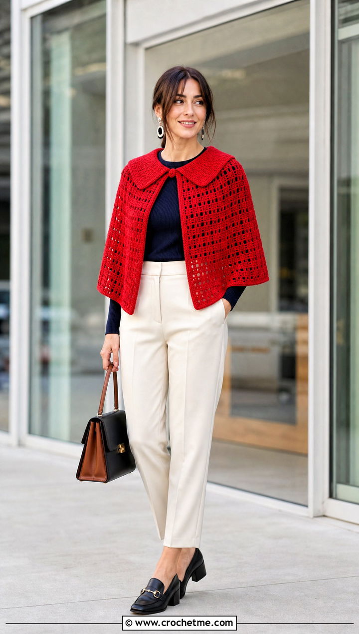 Sailor Collar Crochet Poncho With Cropped Trousers - 25 Crochet Poncho With Collar outfit ideas