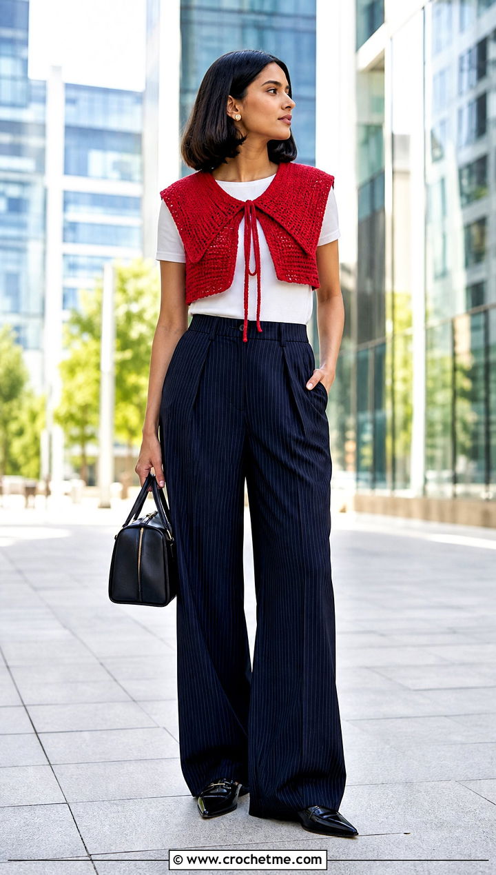 Sailor Collar Crochet Super Crop With Pinstripe Pants - 15 Crochet Super Cropped Sweater outfit ideas