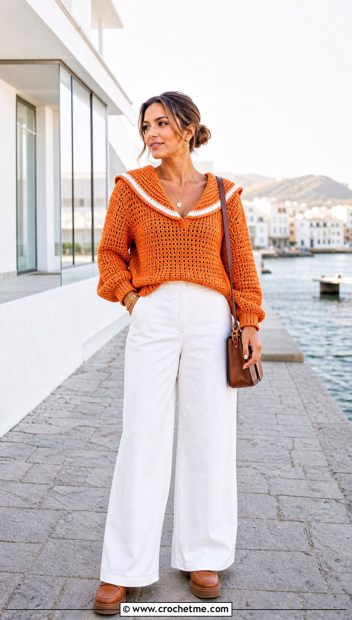 Sailor Collar Crochet Sweater With White Wide Leg Pants - 20 Crochet Collared Sweater outfit ideas