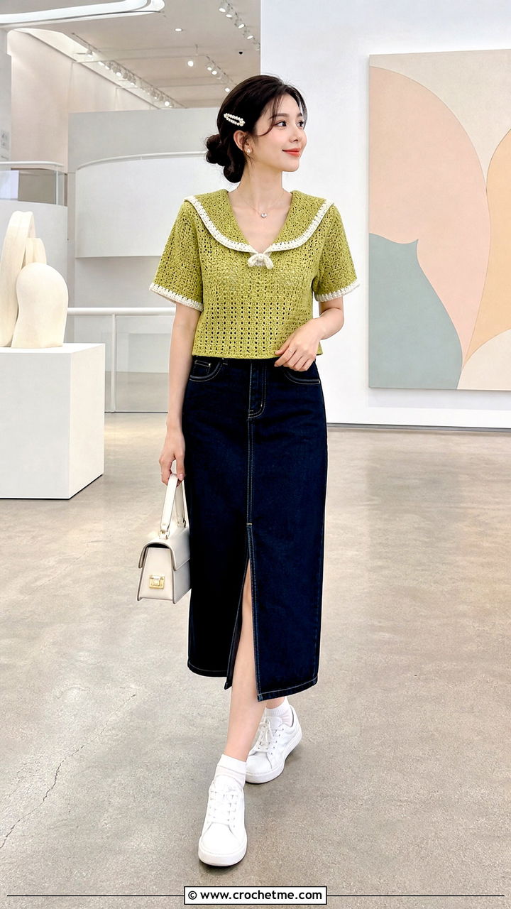 Sailor Collar Crochet Top With Denim Midi Skirt - 35 anime crochet clothes and outfit ideas