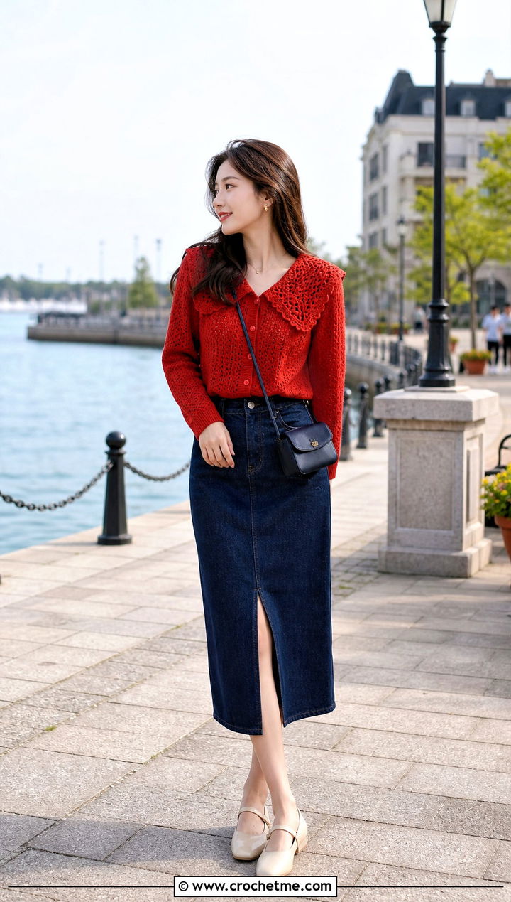 Sailor Crochet Collar Top With Denim Midi Skirt - 25 Crochet Collar Top outfit ideas