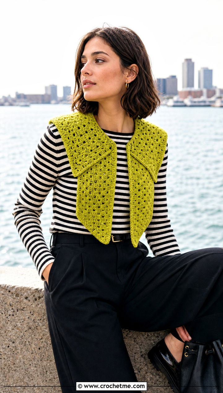 Sailor Crochet Collar With Striped Knit And Wide Leg Pants - 15 Vintage Crochet Collar Design outfit ideas