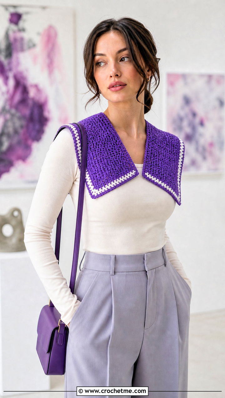 Sailor Crochet Collar With Wide Leg Trousers - 15 beginner crochet collar outfit ideas