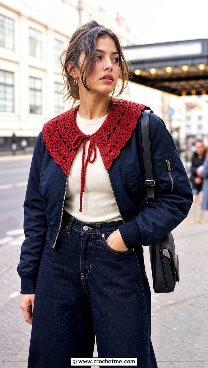 Sailor Crochet Doll Collar With Bomber Jacket And Wide Leg Jeans - 25 Crochet Doll Collar outfit ideas