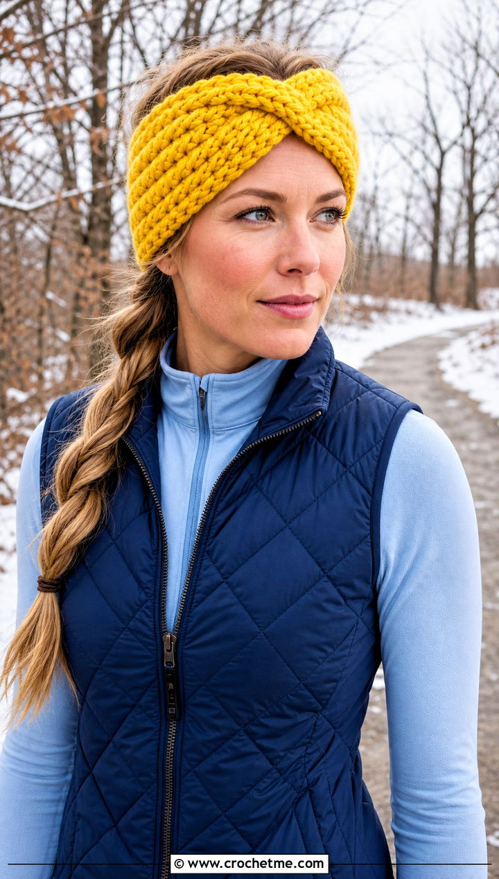 Sailor Knot Crochet Winter Headband With Quilted Vest - 15 crochet winter head band outfit ideas