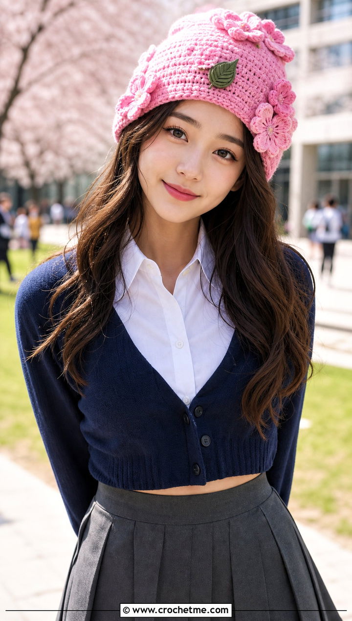 Sakura Flower Beanie With Pleated Skirt - 25 naruto crochet hat outfit ideas