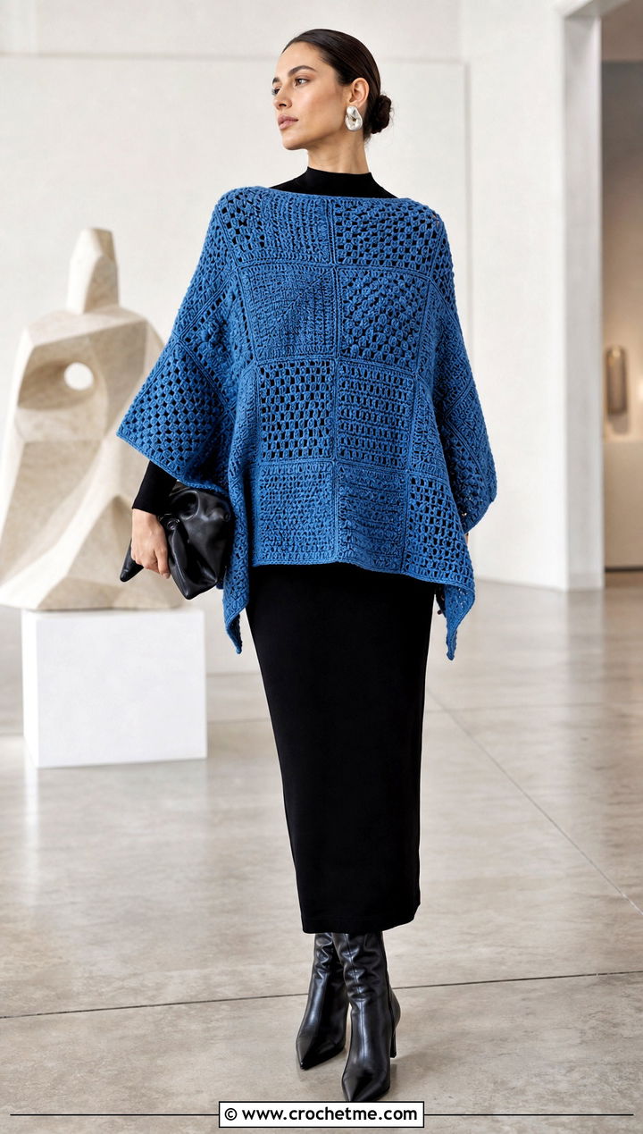 Sampler Square Poncho With Black Column Dress - 30 crochet square poncho outfit ideas