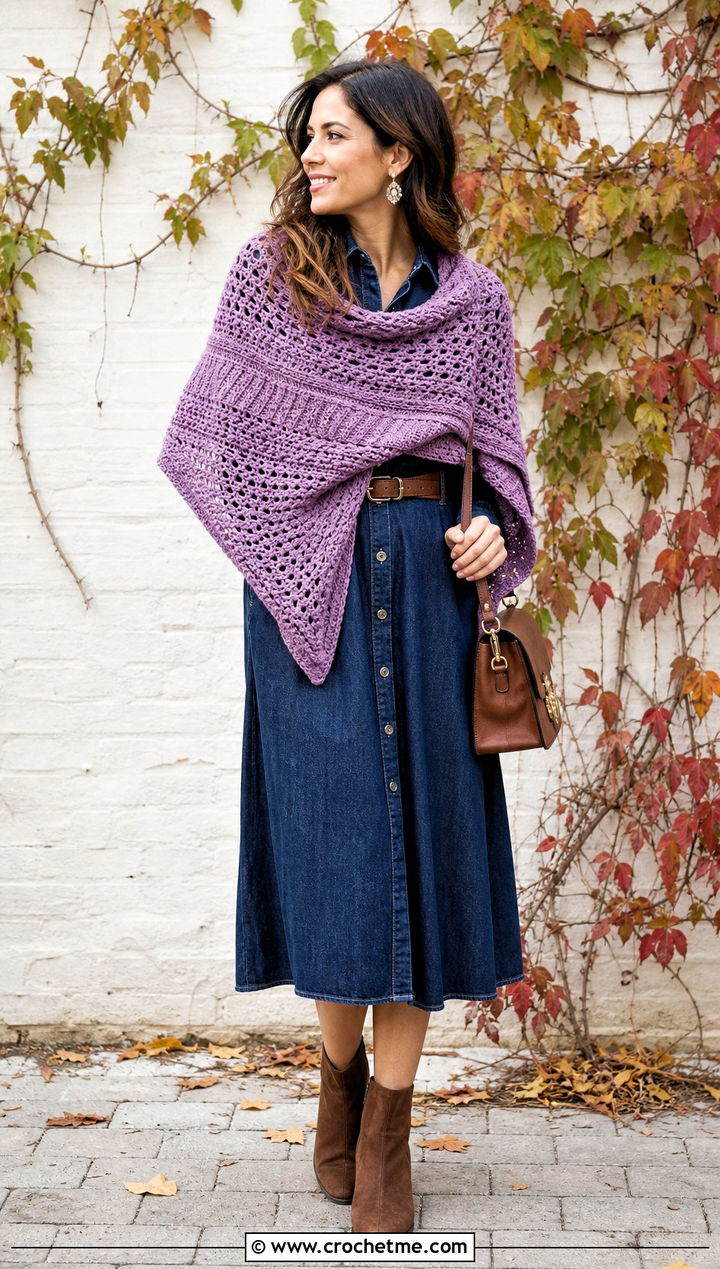 Sampler Stitch Sideways Crochet Shawl With Denim Dress - 25 Sideways Crochet Shawl outfit ideas