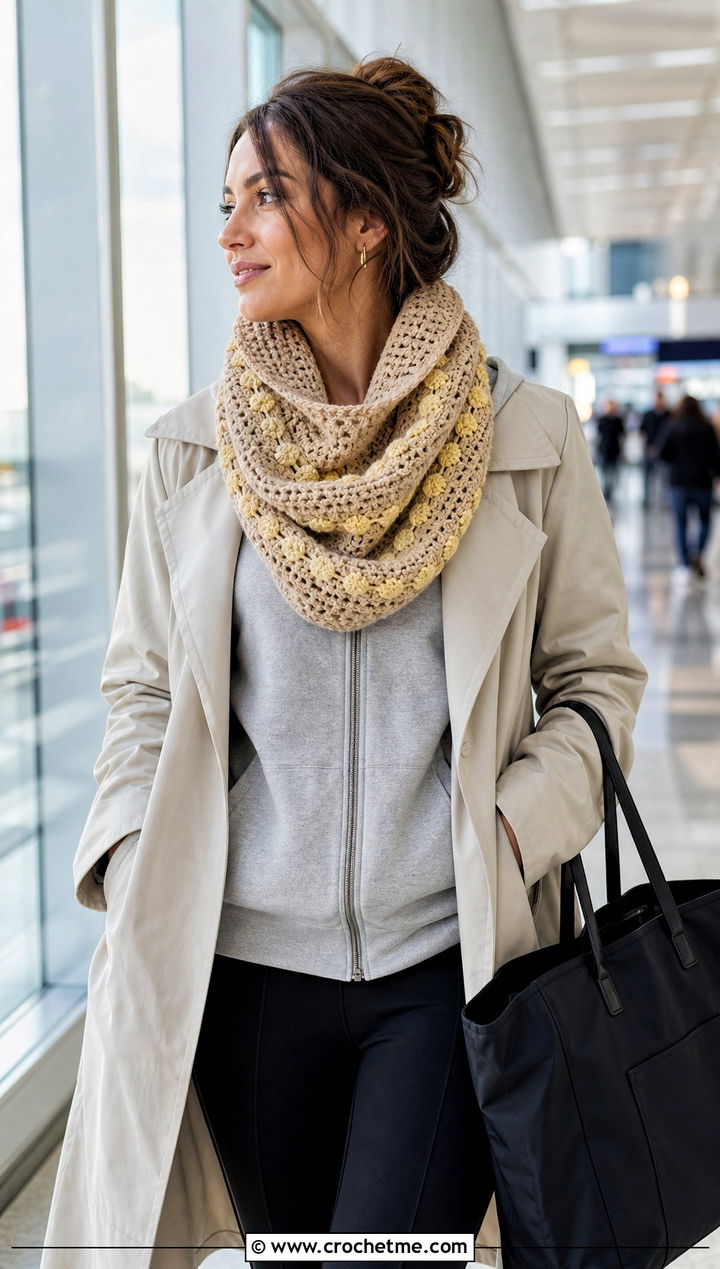 Sand Cowl Crochet Scarf With Hoodie And Leggings - 15 neutral tone crochet scarf outfit ideas