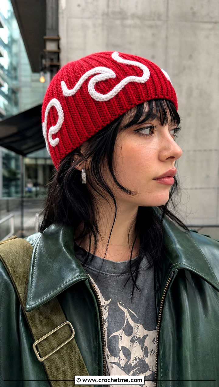Sanemi Wind Motif Ribbed Beanie With Leather Jacket - 25 Demon Slayer Crochet Hat outfit ideas