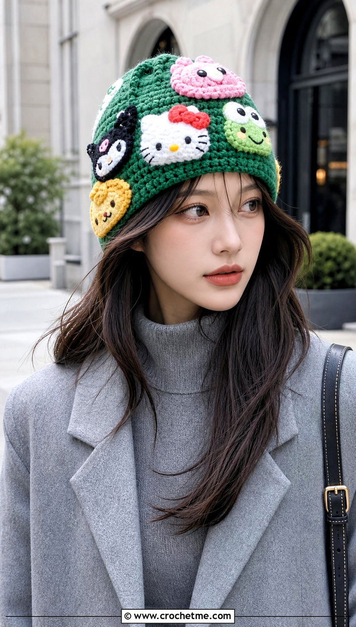 Sanrio Character Patch Beanie With Monochrome Outfit - 25 sanrio crochet beanie outfit ideas