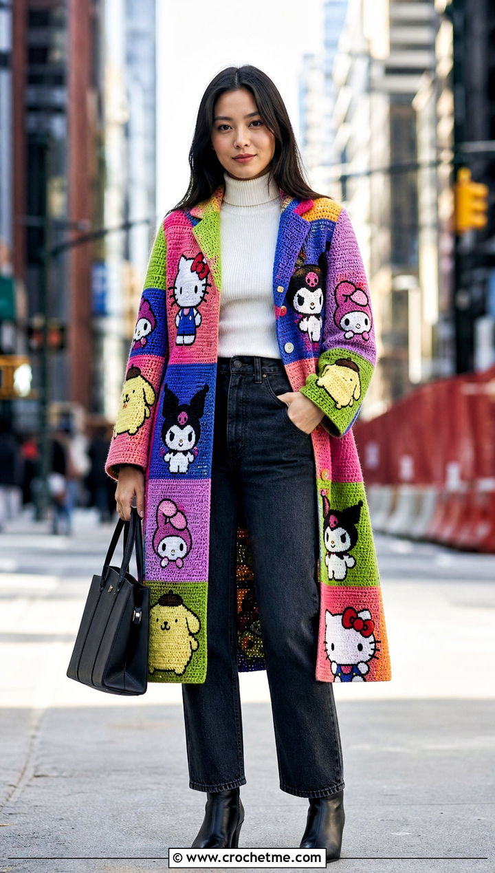Sanrio Patchwork Crochet Coat With Turtleneck And Jeans - 25 Sanrio Crochet Clothes and outfit ideas