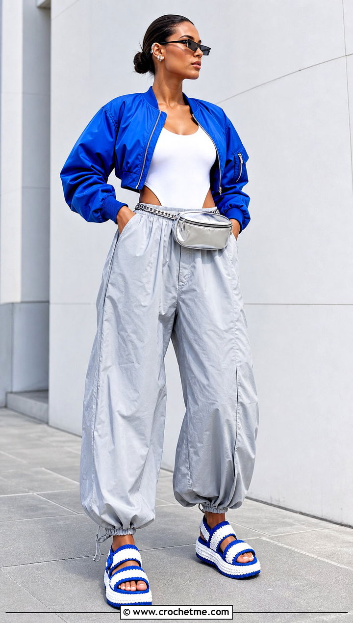 Sapphire Blue And White Crochet Chunky Sandals With Parachute Pants - 15 Blue And White Crochet Sandals outfit ideas