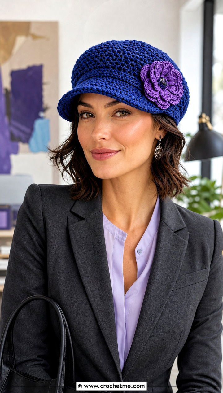 Sapphire Blue Crocheted Newsboy Hat With Flower And Tailored Suit Outfit - 15 Blue Crocheted Hat With Flower outfit ideas