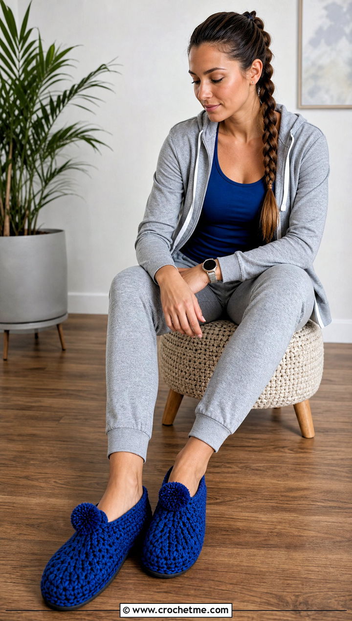 Sapphire Blue Pom Pom Slippers With Matching Sweatsuit - 15 blue crocheted slippers on wooden floor outfit ideas