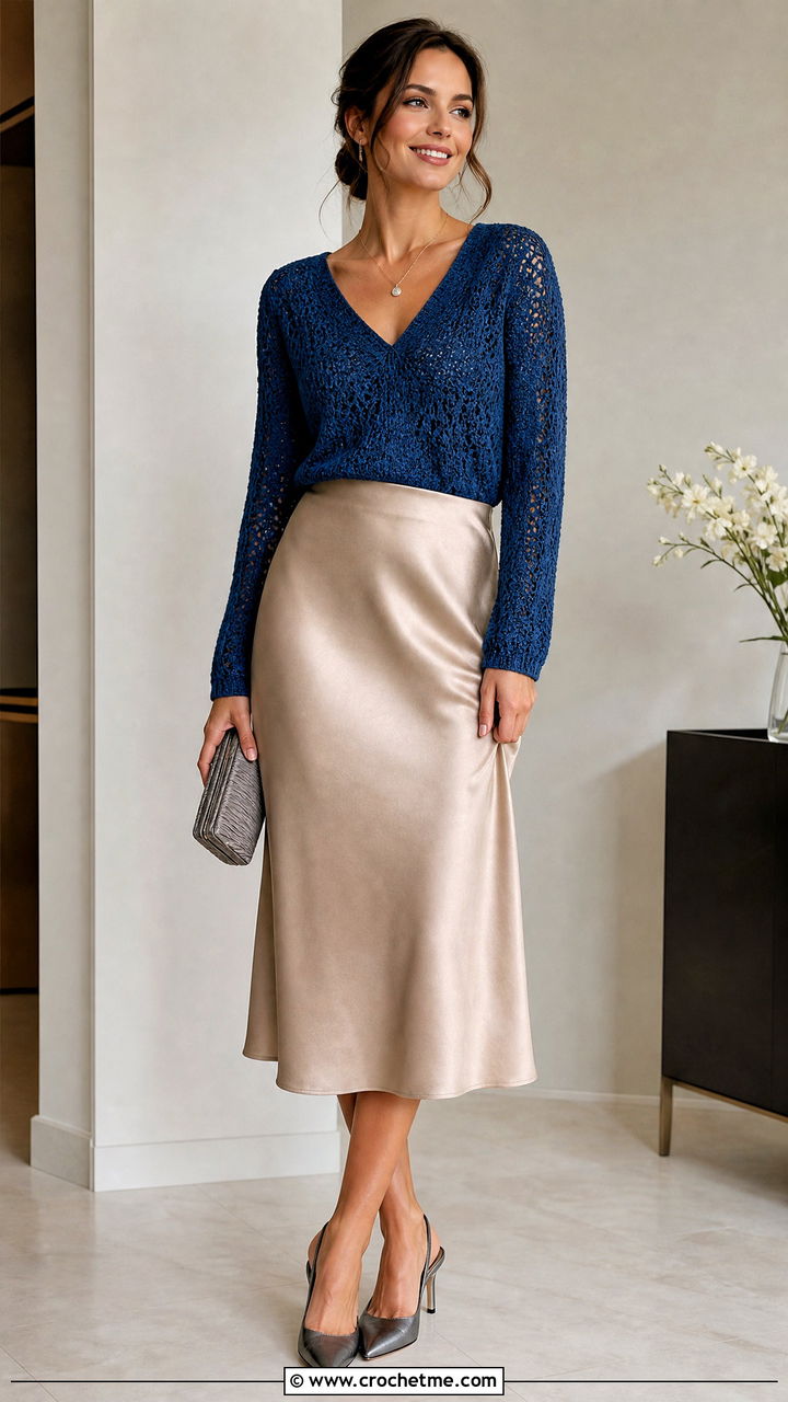 Sapphire Blue V Neck Crochet Sweater With Satin Midi Skirt - 35 blue crochet sweater outfit ideas