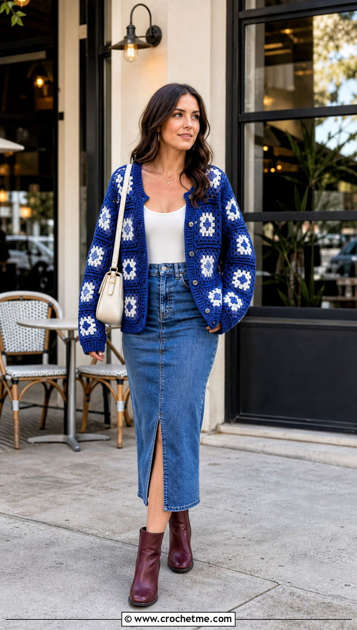Sapphire Boxy Granny Square Cardigan With Denim Midi Skirt - 30 blue granny square cardigan outfit ideas