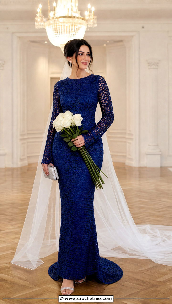 Sapphire Column Long Sleeve Crochet Wedding Dress With Crystal Sandals - 15 long sleeve crochet wedding dress outfit ideas