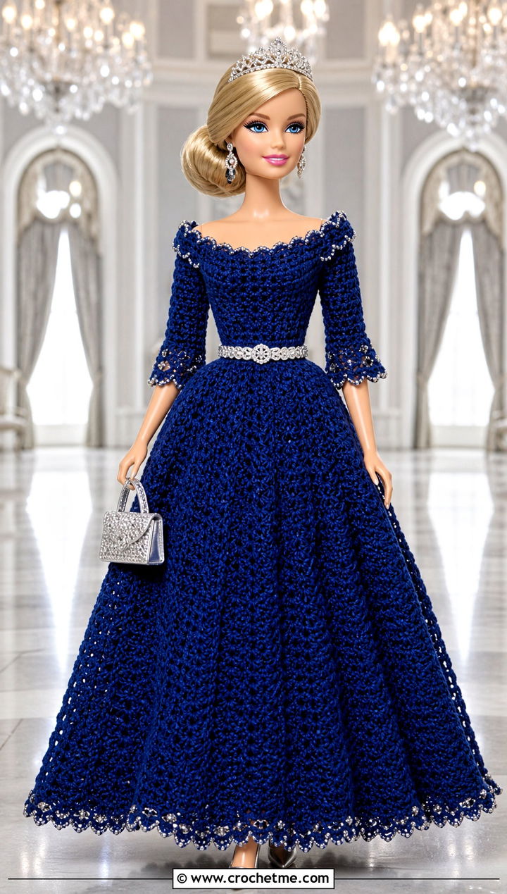 Sapphire Picot Edge Crochet Barbie Ball Gown - 30 crochet barbie ball gowns outfit ideas