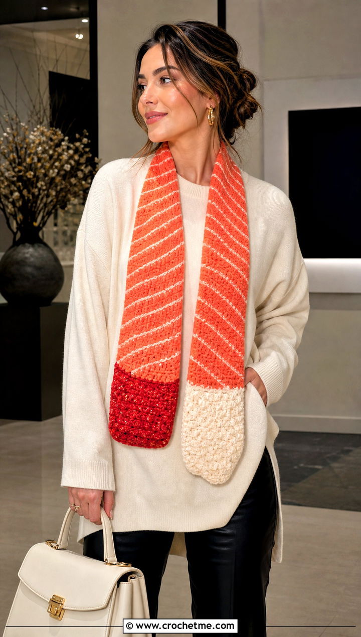 Sashimi Crochet Sushi Scarf With Leather Trousers - 30 crochet sushi scarf outfit ideas