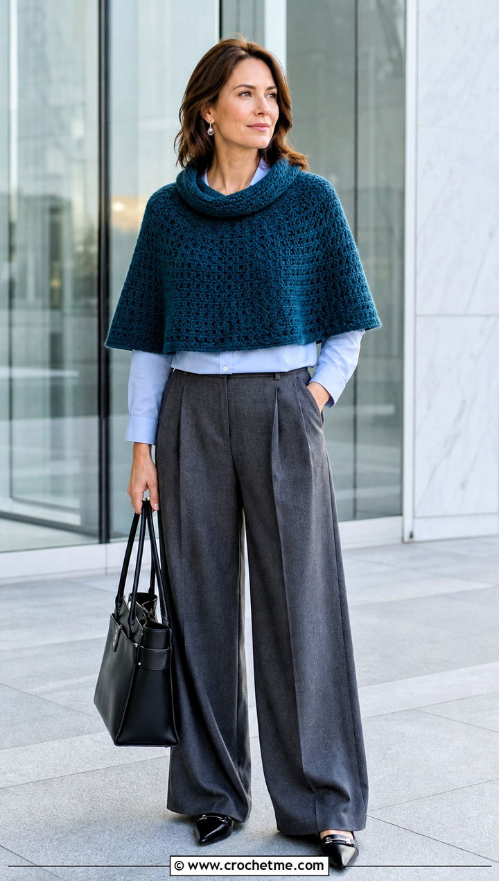 Sassenach Cowl Capelet With Tailored Trousers - 15 Outlander Crochet Capelet outfit ideas