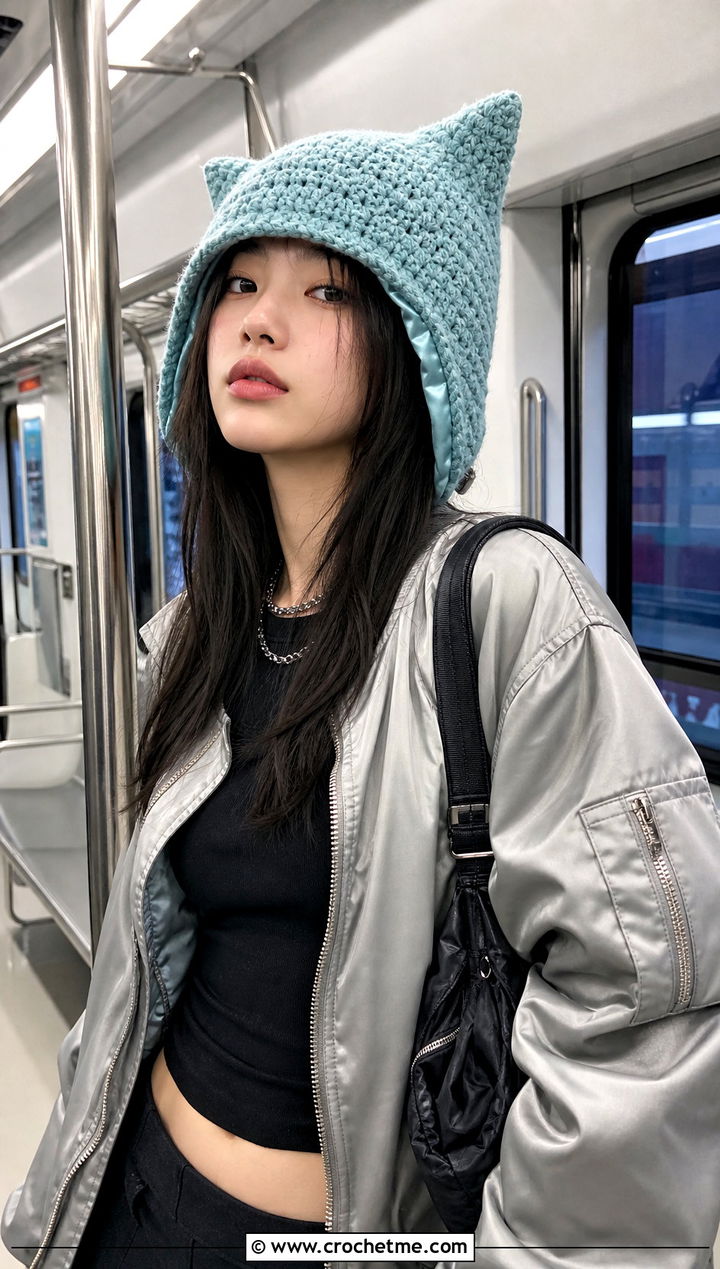 Satin Lined Cat Ear Crochet Beanie With Cargo Pants - 15 satin lined crochet hat outfit ideas