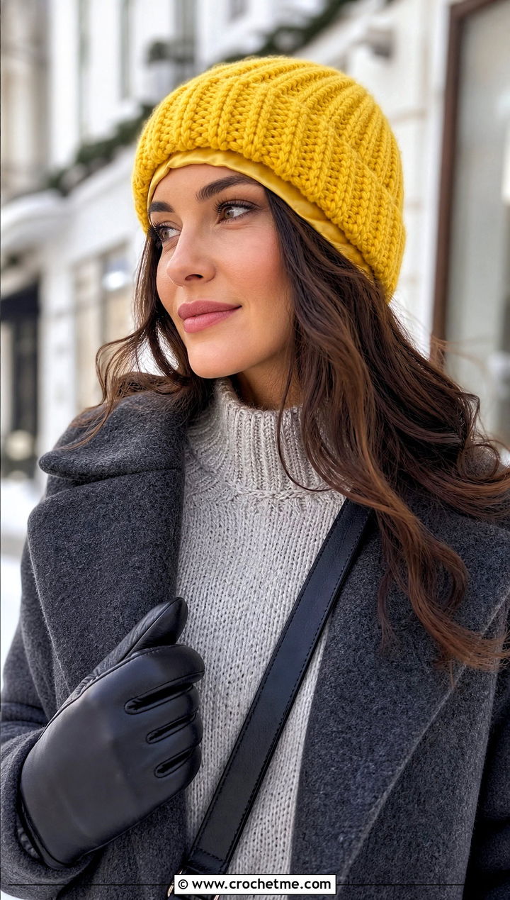 Satin Lined Crochet Beanie With Wool Coat - 15 satin lined crochet hat outfit ideas