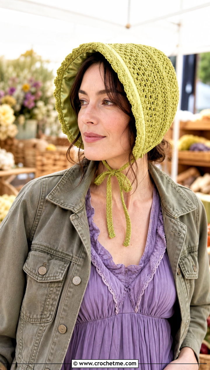 Satin Lined Crochet Bonnet With Prairie Dress - 15 satin lined crochet hat outfit ideas