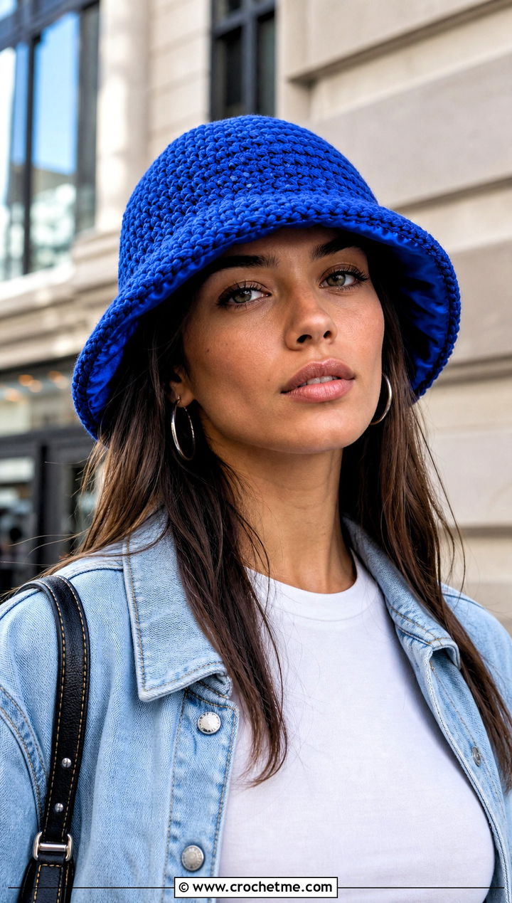 Satin Lined Crochet Bucket Hat With Denim Jacket - 15 satin lined crochet hat outfit ideas