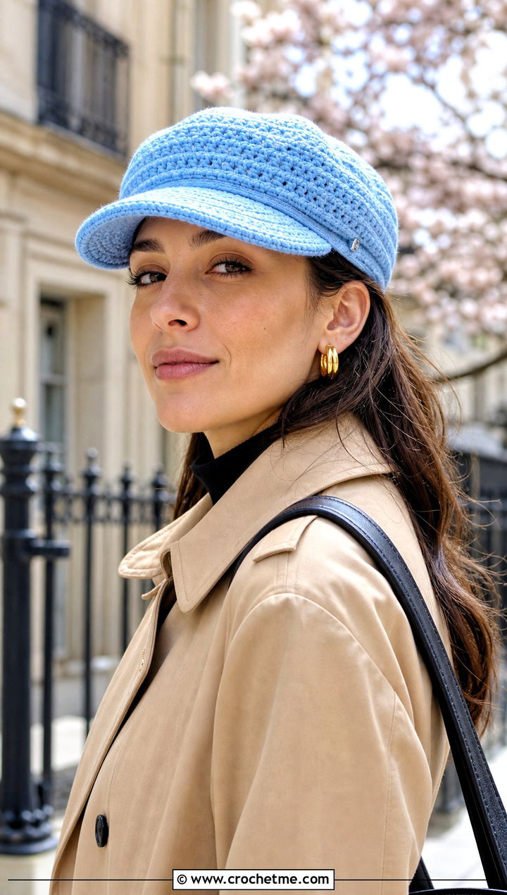 Satin Lined Crochet Newsboy Cap With Trench Coat - 15 satin lined crochet hat outfit ideas