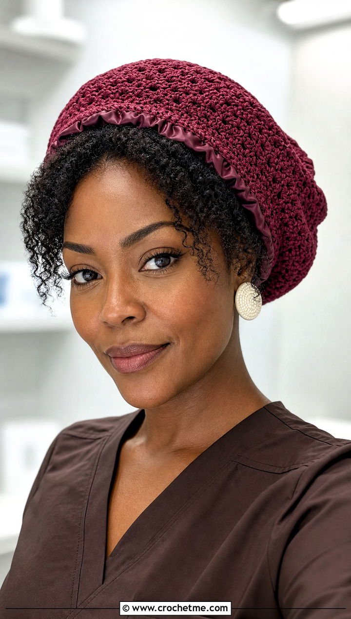 Satin Lined Crochet Scrub Cap With Textured Hair Scrubs - 20 Crochet Scrub Cap outfit ideas