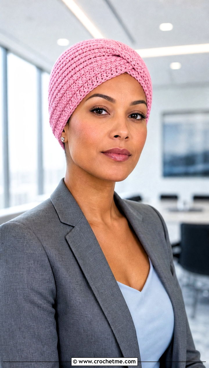 Satin Lined Crochet Turban Hat With Pantsuit - 35 crochet turban hat outfit ideas