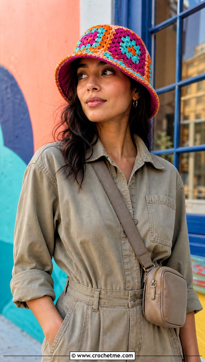 Satin Lined Granny Square Bucket Hat With Utility Jumpsuit - 15 satin lined crochet hat outfit ideas