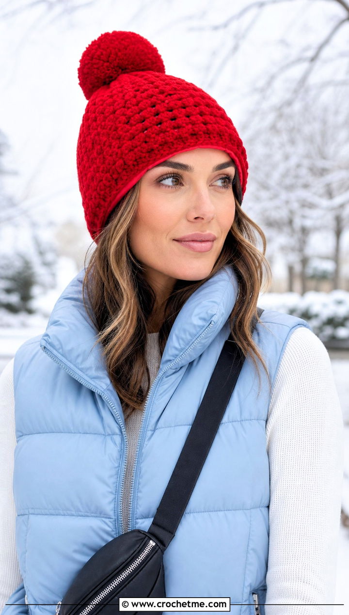 Satin Lined Pom Pom Crochet Beanie With Puffer Vest - 15 satin lined crochet hat outfit ideas