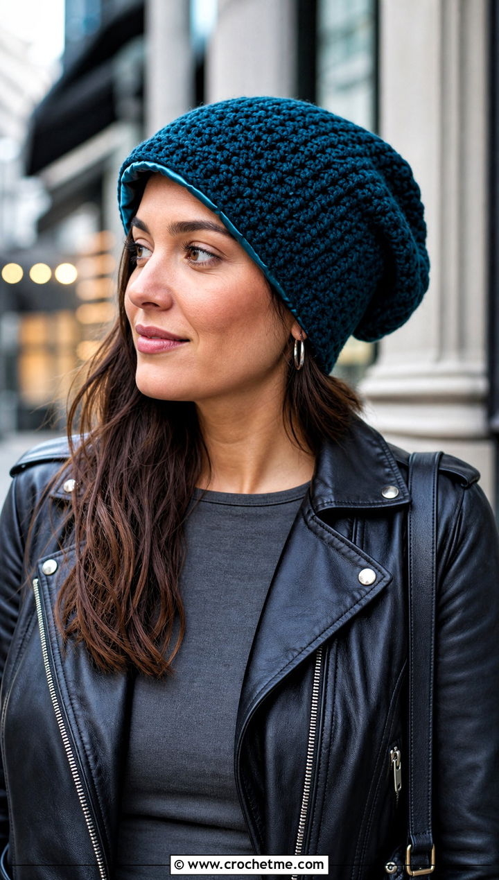 Satin Lined Slouchy Crochet Beanie With Leather Jacket - 15 satin lined crochet hat outfit ideas