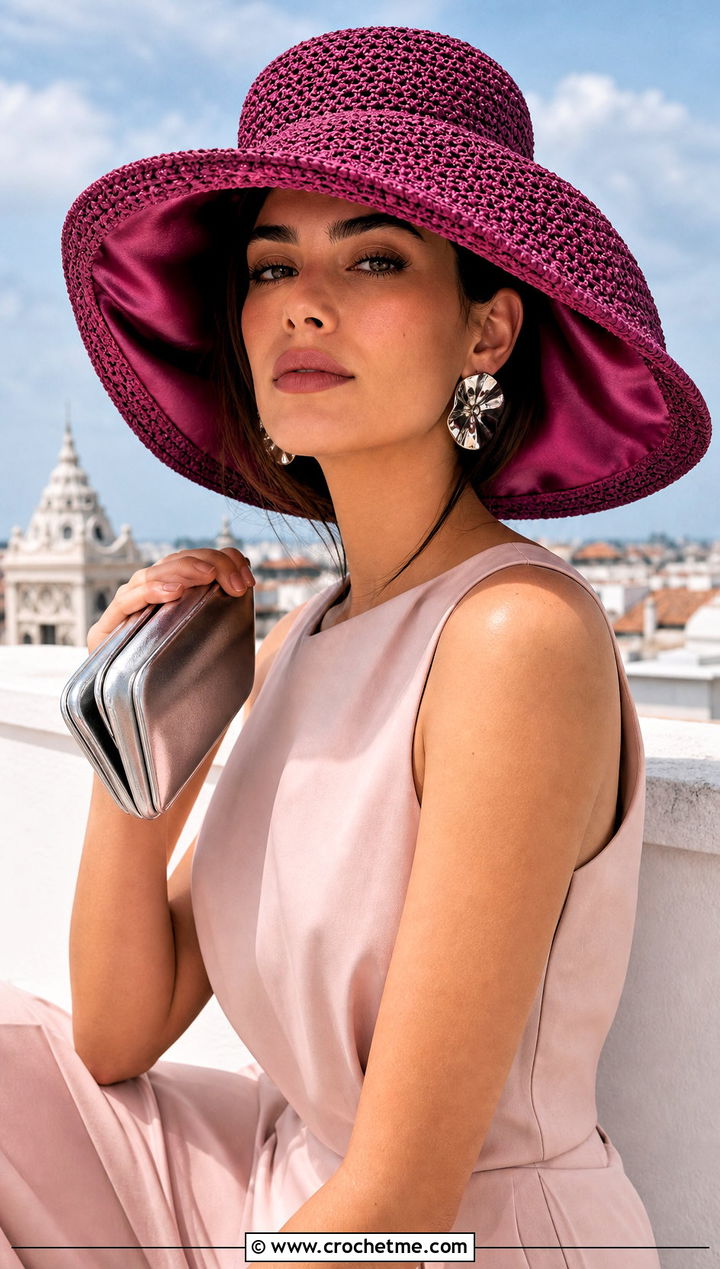 Satin Lined Wide Brim Crochet Hat With Monochrome Outfit - 15 satin lined crochet hat outfit ideas