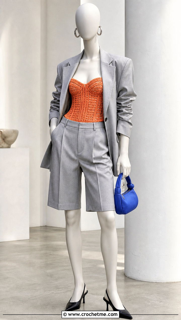 Satsuma Corset Crochet Top With Blazer And Bermuda Shorts - 15 orange crochet top on mannequin outfit ideas