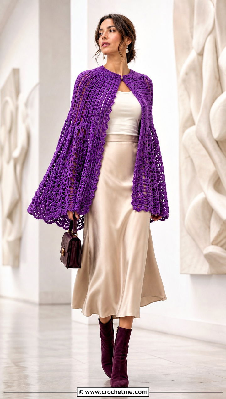 Sauteuse Des Anges Capelet With Satin Midi Skirt - 15 Outlander Crochet Capelet outfit ideas