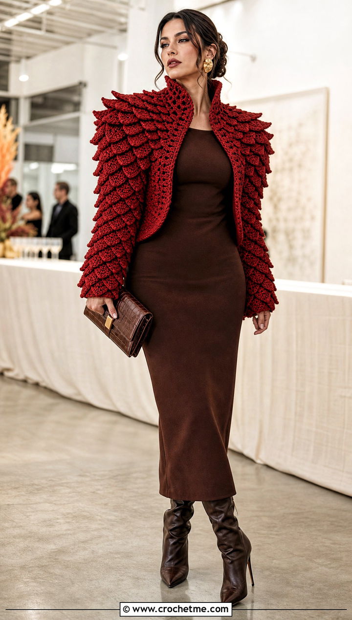 Scale Stitch Crochet Jacket With Column Dress - 30 anime inspired crochet clothes and outfit ideas