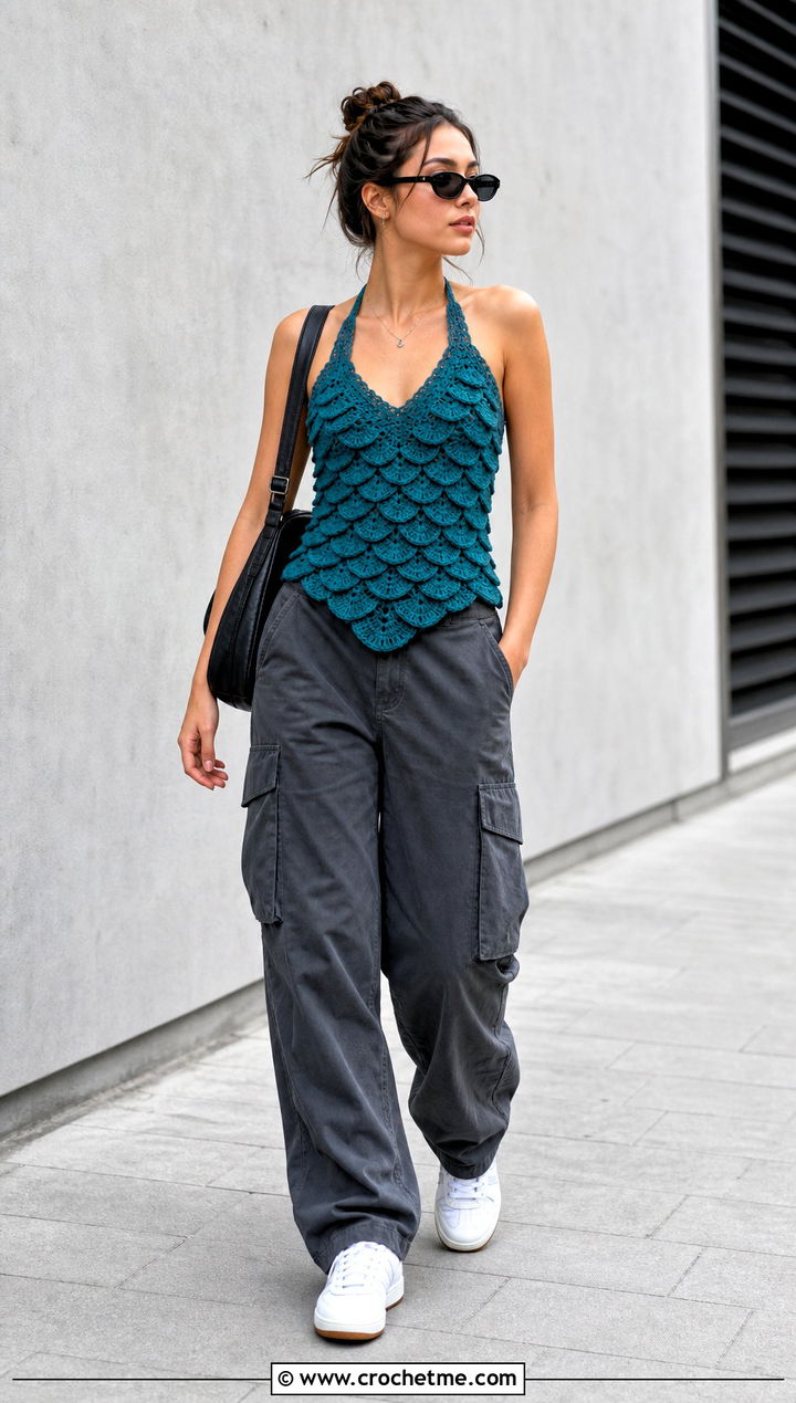 Scale Stitch Mermaid Crochet Top With Cargo Pants - 15 mermaid crochet top outfit ideas