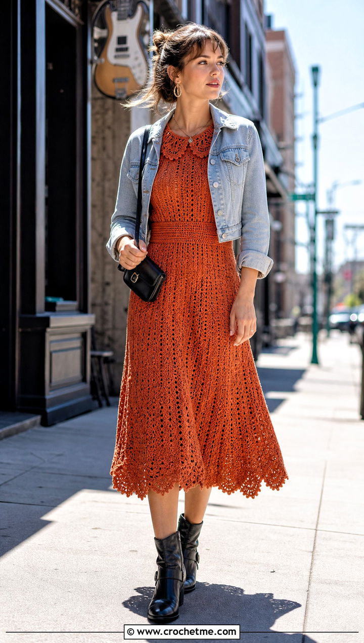 Scallop Collar Crochet Dress With Moto Boots - 20 1930S Crochet Dress outfit ideas