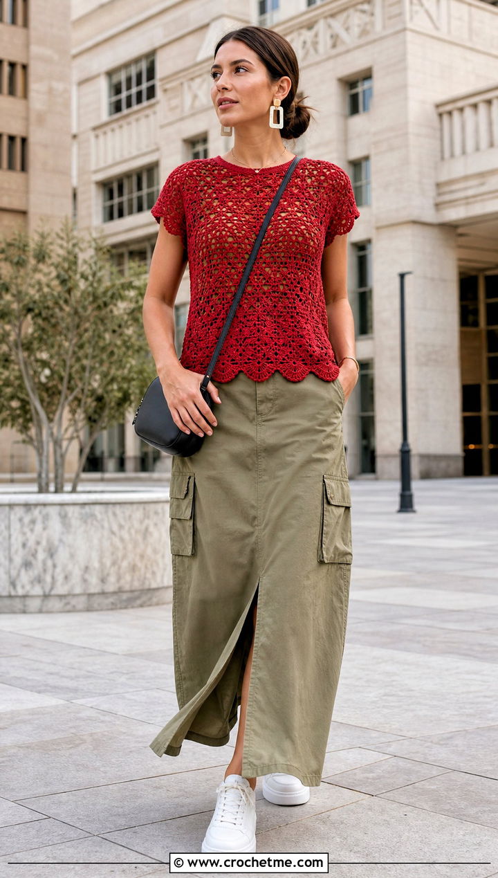 Scallop Crochet Motif Top With Cargo Maxi Skirt - 30 crochet motif top outfit ideas