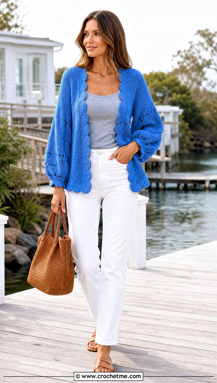 Scallop Edge Balloon Sleeve Cardigan With White Jeans - 25 Crochet Puffy Sleeves Cardigan outfit ideas