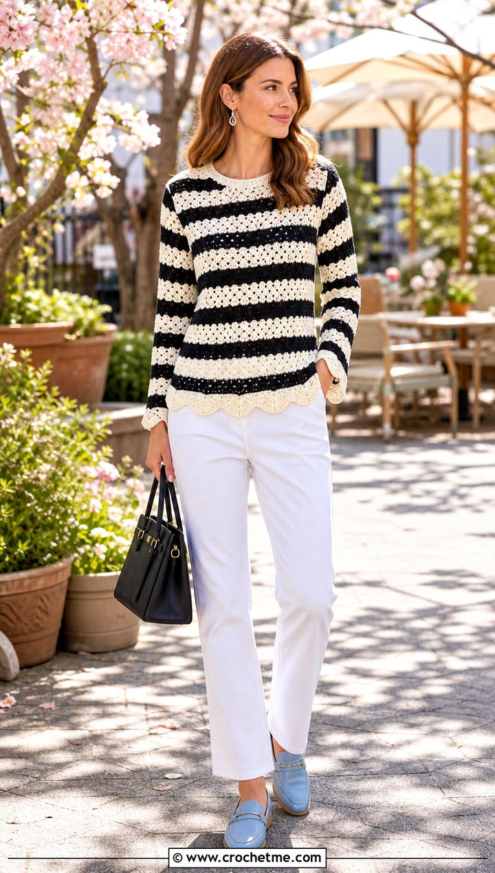 Scallop Edge Black And White Striped Crochet Sweater With White Jeans - 25 black and white striped crochet sweater outfit ideas