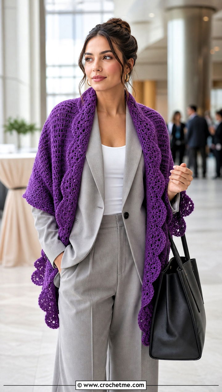 Scallop Edge Chunky Shawl With Wide Leg Suit - 25 Crochet Chunky Shawl outfit ideas